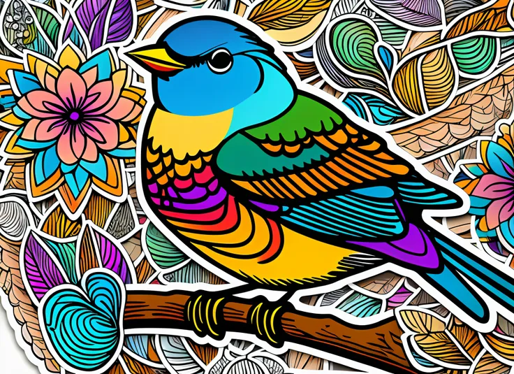 bird singing, sticker, content, sparkly colors, folk art, contour, vector, white background, detailed --auto --s2