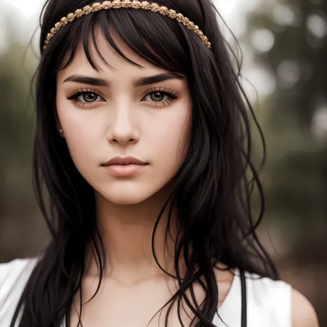 close-up, raw,beautiful woman face, black hair, brown iris, cute, headband,