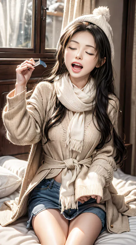 a masterpie, beste quality,1 girls, 独奏, blackhair, scarf, the hat, realstic, looking at camera, black eyes, long hairs, coat, wi...