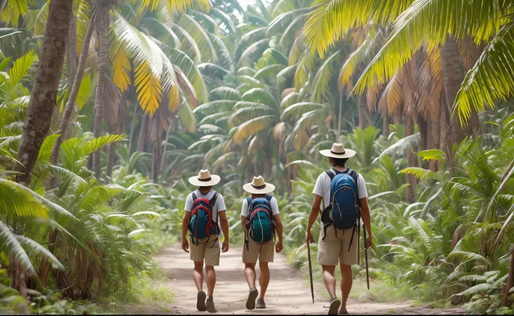 indians walking through the amazon jungle on a trail towards eldorado. personagens masculinos e fenininos. pessoas perfeitas. ca...