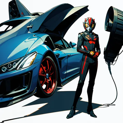 Full body portrait,white background,Kamen Rider,Locomotive helmet,exhaust pipe,racecar,red combat clothes