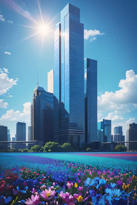 vibrant blue tinted colors, skyscraper, highly saturated colors, fujifilm fujichrome provia 100f film, flower field, purity and ...