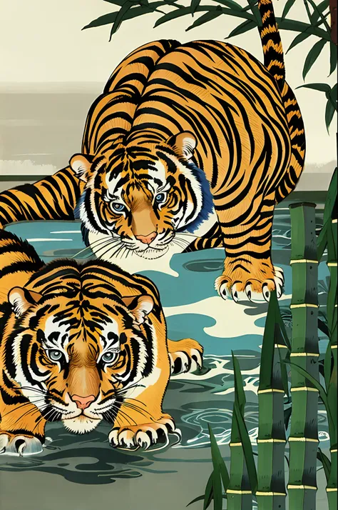 extreme detail description,Utagawa Kuniyoshi,1boy,tiger,
negative space, shuimobysim, water splash, (trees:0.5), (flowers:0.6) ,(birds:0.2), (bamboo0.1), bonian, bonian in background ,shukezouma, ,HDR,UHD,8K, best quality,