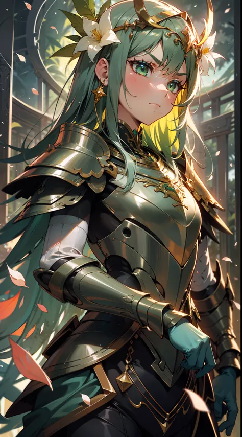 Uma deusa da floresta com uma coroa de flores, corpo inteiro, determined and confident expression, serious face, wearing colorful green armor with flower petals and shiny jewelry, em uma floresta de folhas azuis, with cosmic sky