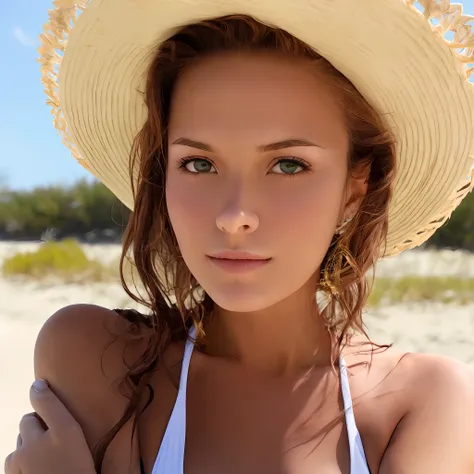 woman in a red bikini and a straw hat on the beach, wearing straw hat, perfect face ), gorgeous young model, tanned skin, gorgeo...