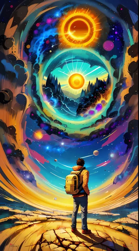 a man standing in front of a space portal with a view of the sun, cyril rolando and goro fujita, portal to another universe, ins...