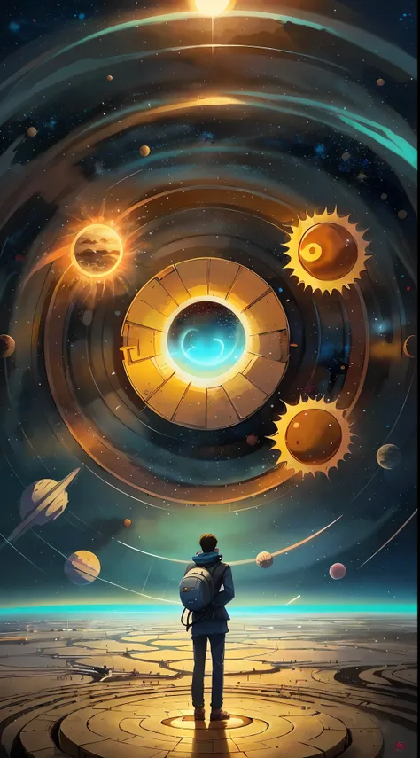 a man standing in front of a space portal with a view of the sun, cyril rolando and goro fujita, portal to another universe, inspired by Cyril Rolando, portal to another dimension, world seen only through a portal, high quality fantasy stock photo, portal ...