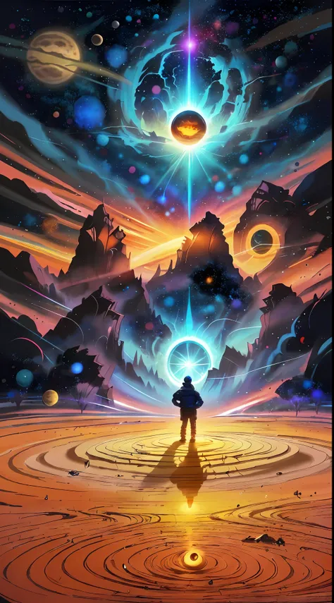 person, standing in front of a space portal overlooking the sun, cyril rolando and goro fujita, a portal to another universe, in...