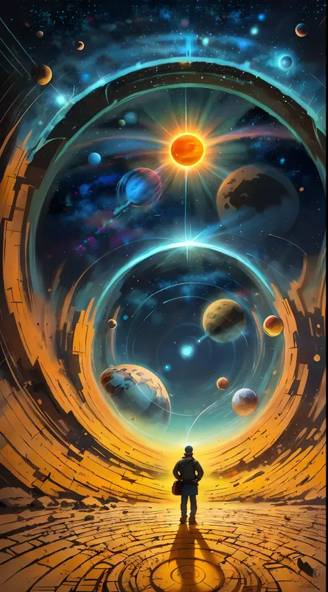 person, standing in front of a space portal overlooking the sun, cyril rolando and goro fujita, a portal to another universe, in...