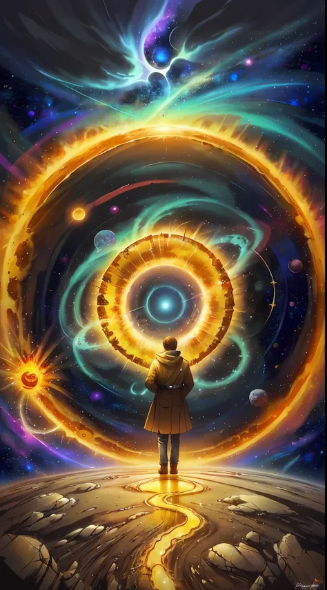 person, standing in front of a space portal overlooking the sun, cyril rolando and goro fujita, a portal to another universe, in...