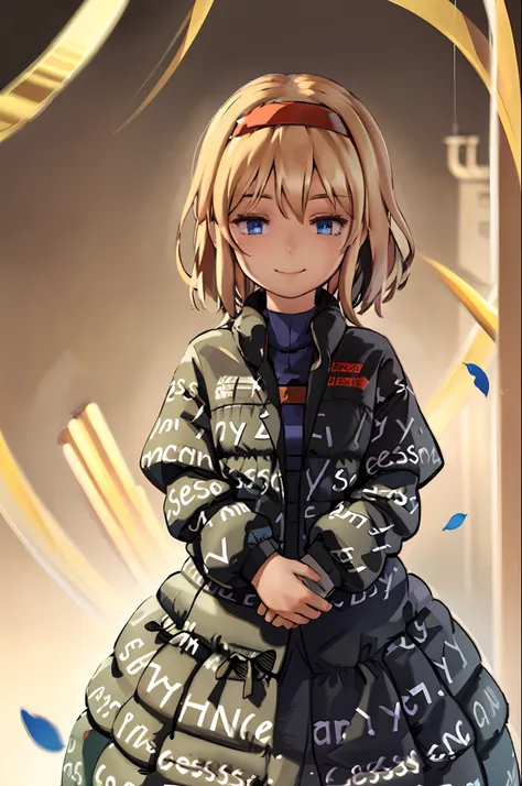 masterpiece, best quality, doll,blonde hair, hairband,(shanghai doll:1,alice margatroid, blue eyes, capelet, 1girl, petals, smile, dress, solo, sash, bow, hair bow, short hair, long hair, blue dress,grey background,
dripjacket
own hands together