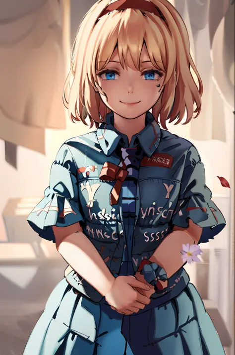 masterpiece, best quality, doll,blonde hair, hairband,(shanghai doll:1,alice margatroid, blue eyes, capelet, 1girl, petals, smile, dress, solo, sash, bow, hair bow, short hair, long hair, blue dress,grey background,
dripjacket
own hands together