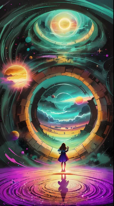 A girl and an angel holding hands, Lovers, Looking to the future, magic, magic, Multicolored Love, heart, standing in front of a space portal overlooking the pink sun, Cyril Rolando and Goro Fujita, A portal to another universe, inspired by Cyril Rolando, ...