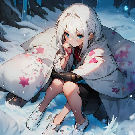gal girl,White snow,White hair,Blue eyes,Sit in the snow,Ice crystals are scattered around