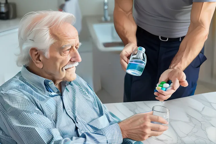 someone is holding a glass of water and a pill in their hand, offering the viewer a pill, tomar drogas que alteram a mente, homem mais velho, quack medicine, beber xarope para tosse, looking across the shoulder, um homem de 80 anos, um idoso, foto - shot, ...