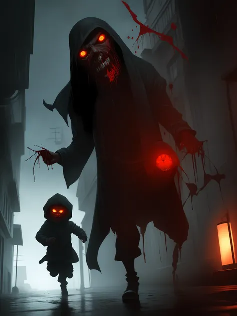 A creepy creature lurks in the shadow while a scared woman tries to run in the rain. He is covered in blood and has a lunatic look in his eyes as he is about to strike