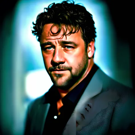 hardboy, russel crowe, obra-prima, alta qualidade, 4k,realista, photo shoot, profissional, alto contraste, homem de cabelos escu...