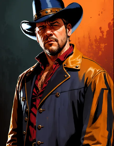 r3dd34dstyle, retrato digital, russel crowe, triste, cowboy hat, jaqueta de couro preta, camisa azul, red sky,