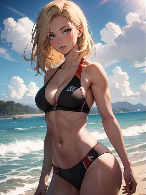 best quality, masterpiece, detailed, intricate, beautiful girl, muscular, sexy, tomboy, blonde, attractive, playing beach volley...