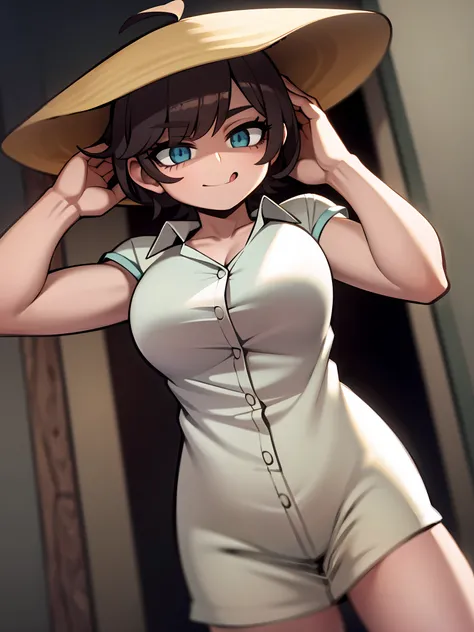 ((obra-prima, melhor qualidade)), (1girl), (solo), (foco feminino), (ahoge, cabelo branco, cabelo curto), olhos pretos, sorriso claro, stick out tongue, big breasts, coxas grandes, bunda grande ((camisa branca), (camisa abotoada), (button gap)), ((saia pre...