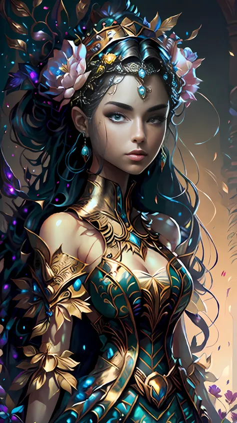An overview of an exotic gardin, de exuberantes plantas y flores, hermosa elegante mujer con un vestido de alta costura en encajes estilo filigrana, Beautiful dress design, fantasy art behance, Fantasy style art, Detailed fantasy art, Fantasy art style, de...