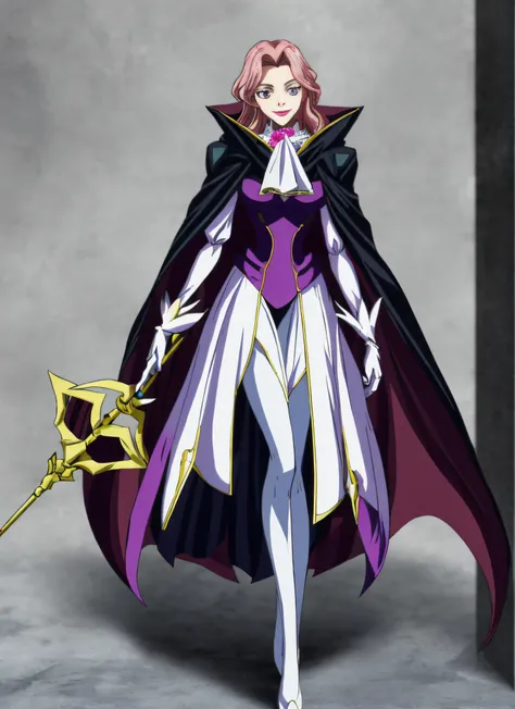 codeGeass cornelia li britannia, 1girl, ascot, black pantyhose, breasts, cape, crossed legs, feathers, flower, gloves, grey gloves, hand on own leg, head tilt, holding, holding polearm, holding weapon, jacket, juliet sleeves, knightmare frame, lance, large...