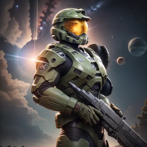 (8k, best quality, masterpiece:1.2), (realistic, photo-realistic:1.5), halo, master chief, solo, a giant planet setting over the...