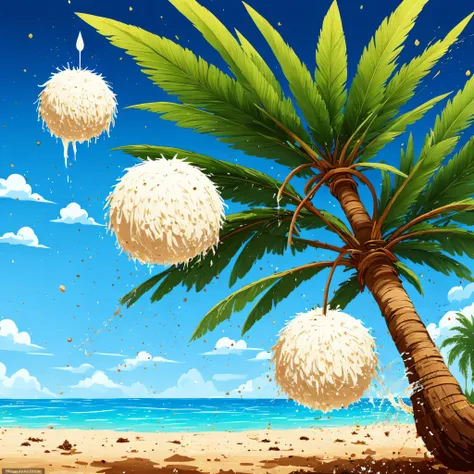 fluffy cute ball that is a palm tree, brown fluff, green palm tree leaves, deep purple eyes, on a beach with coconuts all around...