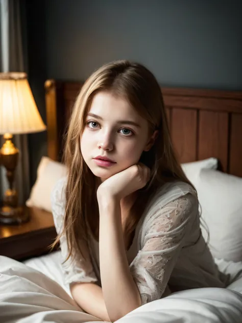 portrait of an 18 year old cute beautiful perfect face petit teen, she is happy, very beautiful russian, raw, in bed, (dark priv...