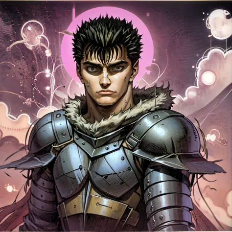 retrato de \(guts de berserk\), obra maestra, la mejor calidad, one boy, cabello negro, pelo corto, musculatura, cicatrices, ver...