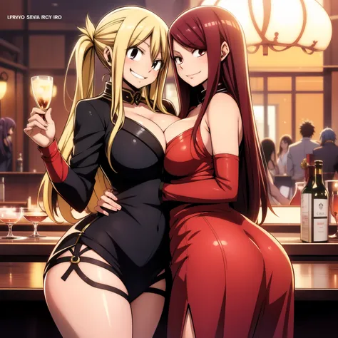 2meninas lucy e erza, escarlatina, lucy heartfilia, lucy vestido preto , erza vestindo roupa social formal, em cima de um palco ...