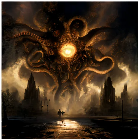 there is a giant octopus that is in the middle of a city, lovecraftian inspiration, azathoth, paisagem infernal lovecraftiana, c...