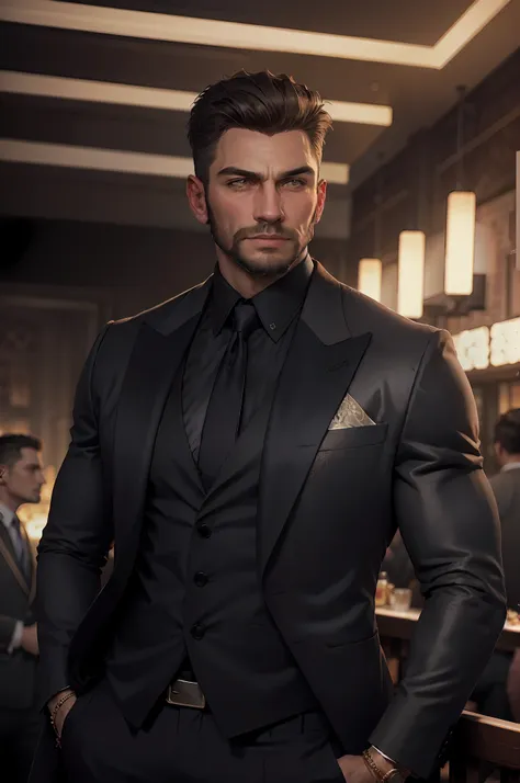 realistic (muscular man: 1.1) mob boss, with an intricate elegant black suite, portrait, short hair, profiled beard, jewelry, in...