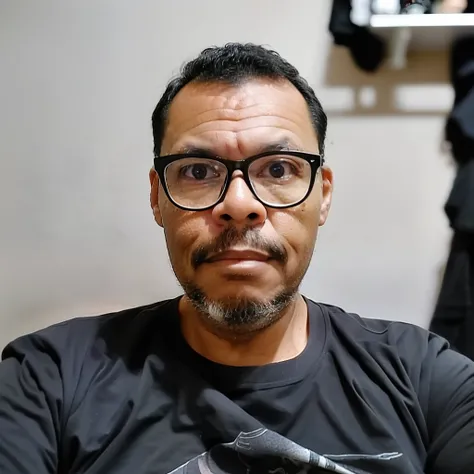 guttonerdvision6, Photo of 45-year-old man wearing glasses, de roupa preta, rosto, Meio Corpo, corpo, pele altamente detalhada, poros da pele, 8k UHD, DSLR, soft lighting, alta qualidade, filmic grain, Fujifilm XT3