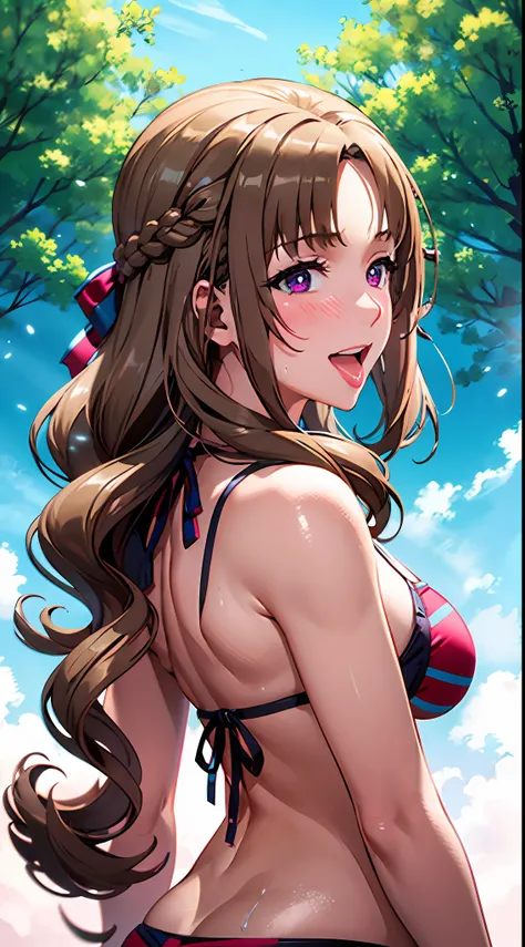 Masterpiece, (the best quality), ( from behind), (full height), 1Woman, a 1girl, mamako_oosuki, behind, Brown hair, Long Hair, cum on tongue, white sweat on the face, face, French braid, full height, protruding tongue, open mouth, purple eyes, bikini, Matu...