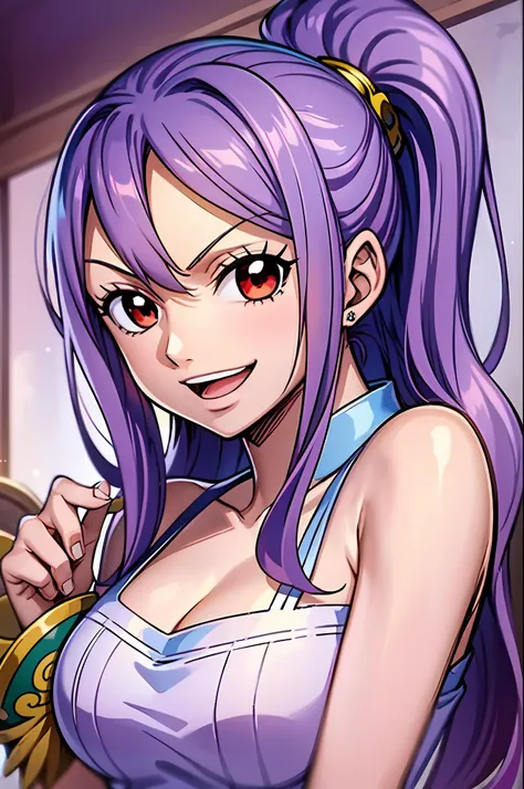 1girl, light smile, red eyes and purple hair in a twin ponytail, (style of one piece and fairy tail anime), (illustrated by eiic...