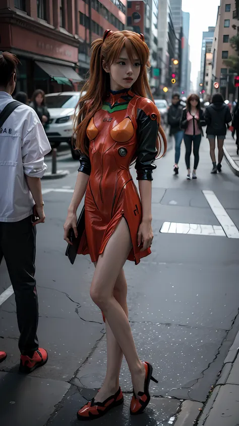 asuka langley evangelion, a stunning woman, confidently using her phone on a vibrant city street in trendy attire.