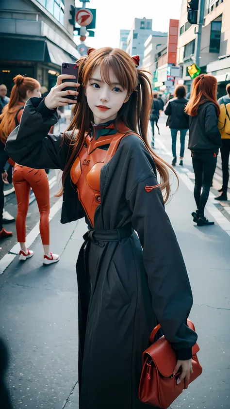 asuka langley evangelion, a stunning woman, confidently using her phone on a vibrant city street in trendy attire.