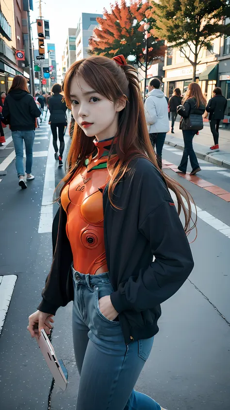 asuka langley evangelion, a stunning woman, confidently using her phone on a vibrant city street in trendy attire.