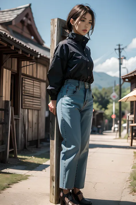 mature female , standing by wooden pole