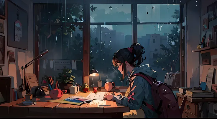 a woman sitting at a desk with a book and a lamp, clima chuvoso, anime atmospheric, rain aesthetic, raining outside, dia chuvoso...