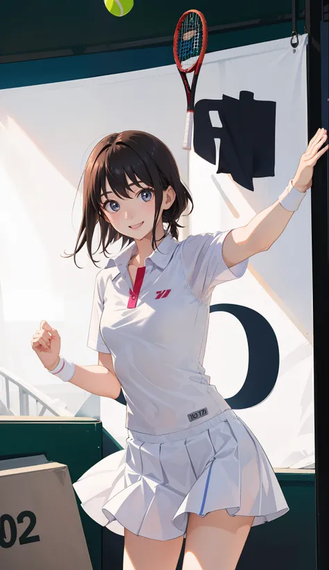 1The girls、shirts、preated skirt、17yearsold、Bob Hair Style、smile on face、delightful!、Japanese people、enmaided、Chromo-white skin、Beautiful Eyes、(small tits)、Playing tennis、Wimbledon、(Wearing white tennis wear)、Bright lighting、Vents、the sun、