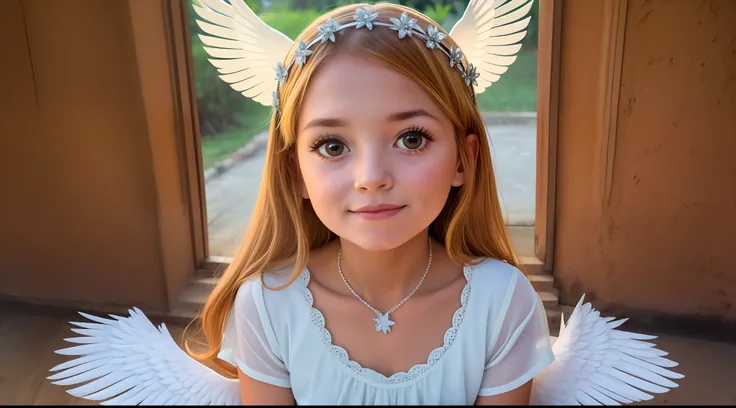 a beautiful 6-year-old blonde girl dressed as an angel with white wings and a halo on her head, de uma menina anjo bonita, menin...