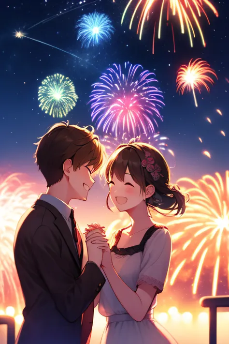 a big smile、holding hands with a lover、reach out、beautiful night sky、milky way galaxy、firework、fantastical、koi、lovers、joy、glad