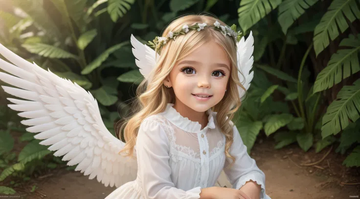 a beautiful 6-year-old blonde girl dressed as an angel with white wings and a halo on her head, de uma menina anjo bonita, menin...