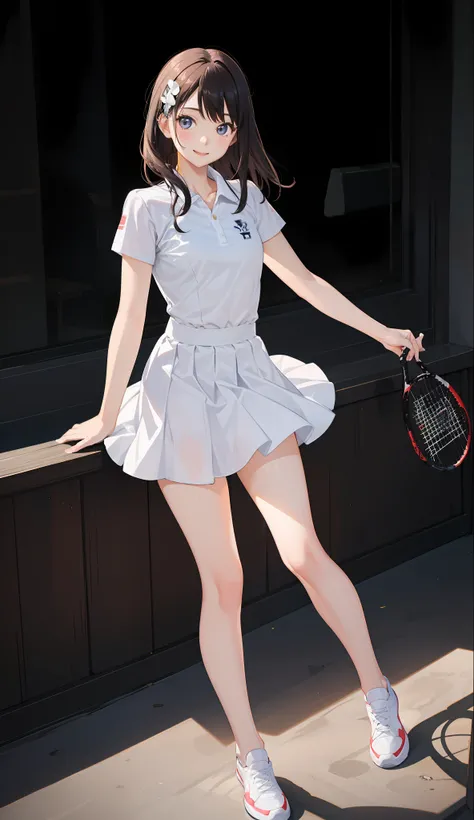 1The girls、shirts、preated skirt、17yearsold、Bob Hair Style、smile on face、delightful!、Japanese people、enmaided、Chromo-white skin、Beautiful Eyes、(small tits)、throb、Wimbledon、(Wearing white tennis wear)、Bright lighting、Vents、the sun、