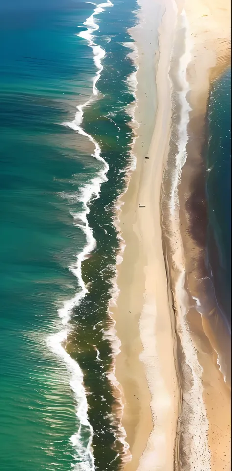 arafed view of a beach with a long line of water, aerial photography, costas de areia macia, areia e mar, fotografia de drones, ...