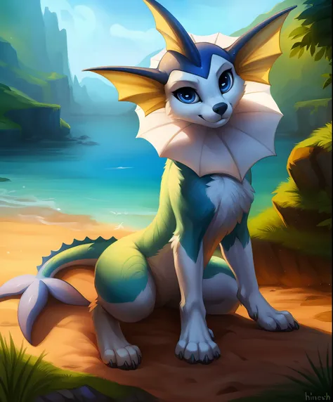 animal focus, feral, solo, vaporeon, big eyes, looking at viewer, paws, masterpiece, best quality, ultradetailed, detailed backg...