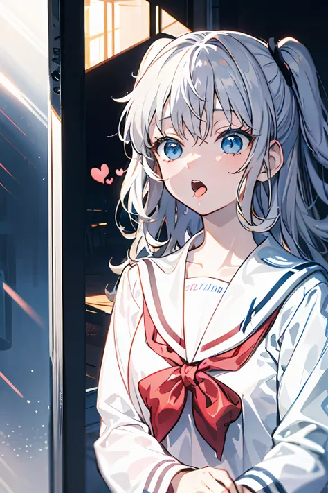 A shy girl, Sunlight shines on the girls face through the glass blue dress, white shitrt, serafuku, with the mouth open, (Speaking heart:1.4)