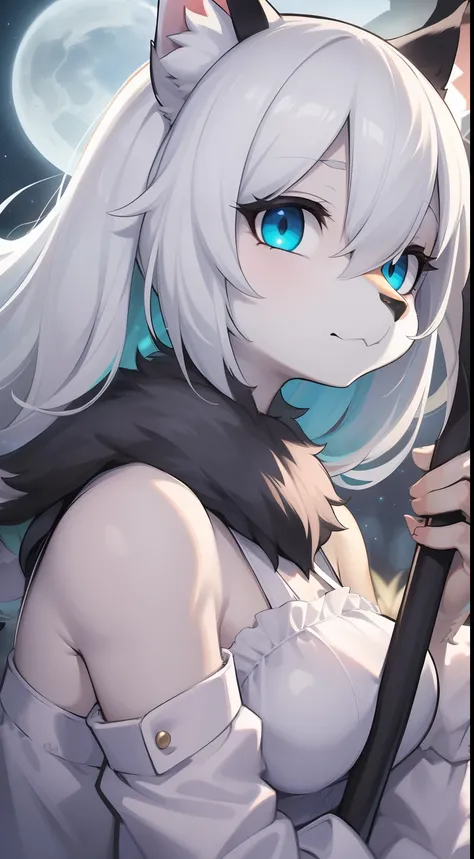 Cat girl,was hairy,shaggy,Skin fur,White fur,Forelimb hands, solid circle eyes,White ears,White face fur ,One side of the eye is blue,The other eye is blue-green,Super cute face,With a scythe,Raven on the shoulder,White dress,Ambient light,Ultra-fine fur,v...